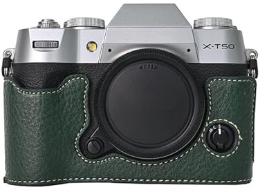 VOVMOEYA Camera Case for FUJIFILM X-T50 Mirrorless Digital Camera,Fuji XT50 Half Case With Soft microfiber Inner,Function Well With 1/4-20 thread hole Retro PU Leather litchi stria-Dark Forest Green