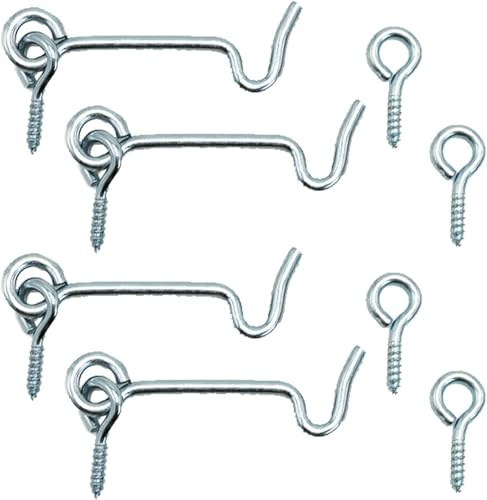 REBECASKYENS 4 Pack Silver 2 Inch J-Shape Modern Cabin Hook, Hook and Eye Latch, Heavy Duty Door Mount for Home, Office, Garden