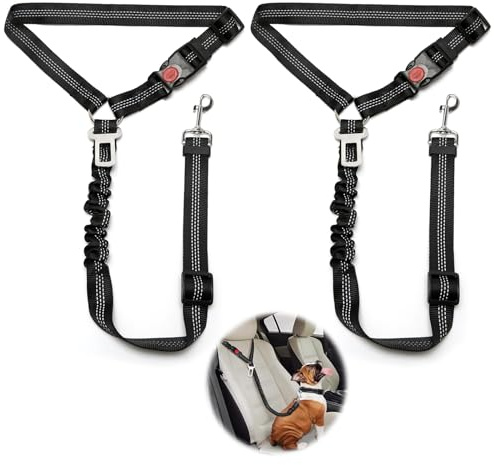 2 styck Justerbar hundsele för bil, säkerhetssele hund med stötdämpare Elastisk, hund säkerhetssele bil för små medelstora stora hundar och alla biltyper, (2 svarta)