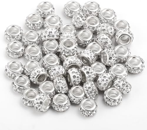 50 Stück Strass Abstandsperlen, Abstandsperlen mit Großem Loch Glänzende Diamant-Haarperlen Europäische Perlen für die Herstellung von Armbändern Fußkettchen und Halsketten Schmuck