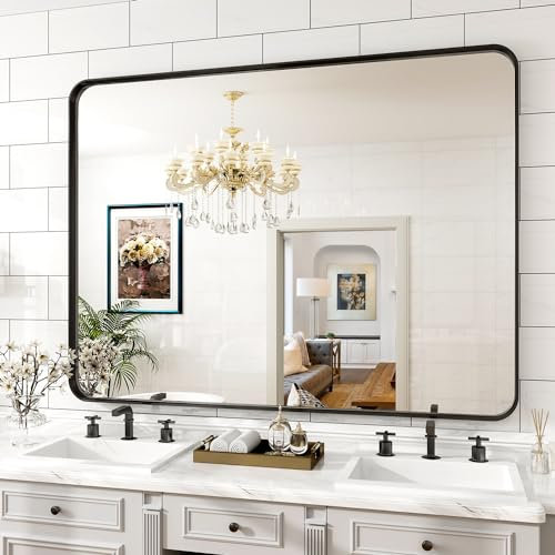 Koonmi Specchio da parete con cornice profonda, 120 x 90 cm, specchio da bagno rettangolare di fascia alta, angolo filettato specchio orizzontale o verticale, nero