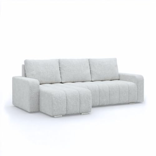 Mebligo - Ecksofa mit Schlaffunktion und Bettkasten 237 cm Breit Abrielle, Couch Wohnzimmer Links oder Rechts Schlafsofa mit Bonellfederkern, Boucle SofaGrau (Abriamo 05)