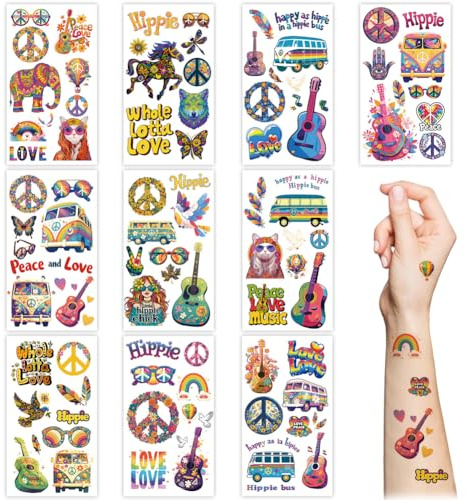 10 Blätter Hippie temporäre Tattoos 70's Groovy Frieden und Liebe Blume Regenbogen wasserdicht Gesicht Tattoo Aufkleber für Geburtstag Hippie Kostüm Zubehör Party Gunsten Zubehör
