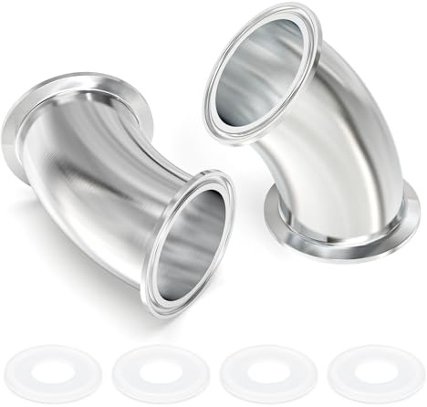 ERGAOBOY 2Pcs SS304 1 Inch Tube OD 1.5 Inch Flange 45 Degree Elbow | Includes silicone gaskets, 45-degree angle curved profile, ferrule flange ends, for sanitary fluid lines