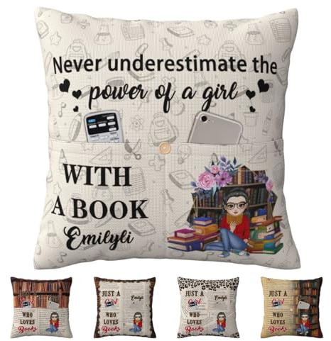 Personalized Book Reading Pocket Pillow Custom Just A Girl Who Loves Books Pillow Covers with Name & Portrait Bookish Gift for Bookworm Girl Who Book Lovers Perfect for Bed Couch or Cozy Corner