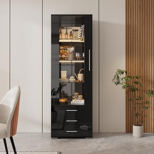 Aunvla Schwarz Hochglanzvitrine, Vitrine Glasvitrine, Standvitrine mit LED-Beleuchtung, Vertikale Vitrine mit 3 Schubladen, 60 * 35 * 180cm