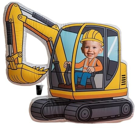 SHWorkshop Personalisiertes, lustiges Bau-Bagger-Kissen – individuelles Kinder-Foto-Gesichtskissen, Bau-Party-Geschenk, LKW-Bagger-Kissen