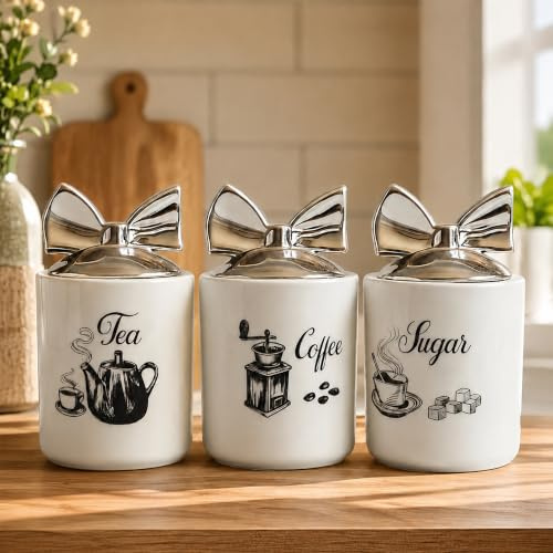 ONE BEST DEAL OBD Set of 3 White Ceramic Tea Coffee Sugar Canisters with Illustrated Logo Design, Chrome Bow Lids, Airtight Kitchen Storage Jars for Countertop Organisation, White Kitchen Accessories