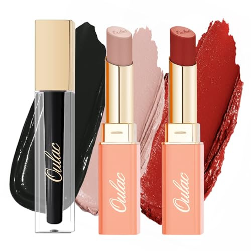 Oulac Ensemble de Rouge à Lèvres, Set de 3 avec Finition Mate & Satin en Rouge & Noir - Rouge à Lèvres Liquide Mat, Stick de Soin Crémeux - Hautement Pigmenté, Longue Durée, Vegan (SG01+SG07+M23)