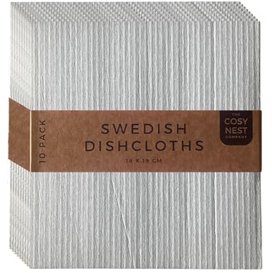 The Cosy Nest Company Swedish Dishcloths 10 Pack Grey Eco Friendly Reusable Cleaning Cloths for Kitchen & Washing Up – Biodegradable Cellulose Sponge Cloths for Dishes, Counters & Surfaces