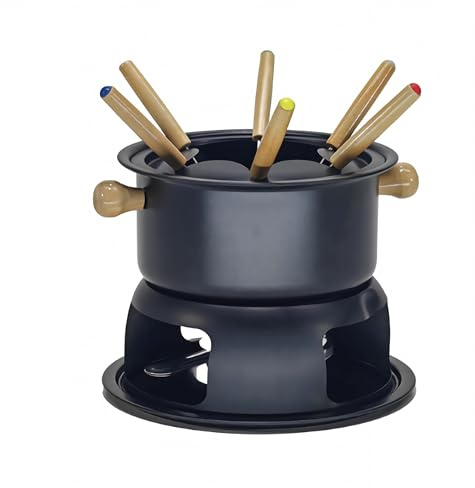 EMPOTEC Set Fonduta per Cioccolato Formaggio Carne Bourguignon Acciaio e Manici in Legno con Bruciatore 1 Litro con Forchettine Incluse 6 Persone Base 20cm Pentola 18cm