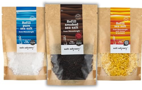 Salt Odyssey Greek Sea Salt Refill Combo in Resealable Kraft Pouches – Pure, Smoked, Lemon & Turmeric Sea Salt | Natural Coarse Crystals for Salt Mills & Grinders, 3 x 190 g (Total: 570 g)