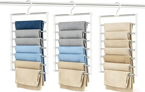 Pluvinctus 3 Pack Trouser Hangers Space Saving, Multi Layer Coat Pants Hangers for Wardrobe, Women Man Closet Organiser for Skirt, Jeans, Clothes, Tie,Belts, Scarf and Towel
