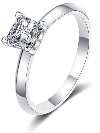 KnSam 9K/14K/18K Weiß Gold Hochzeitsring Echtes, 4 Klaue Partnerringe mit Labor Erstellt Diamant Quadratschliff, Ring Weißgold Au 375/585/750, Gr.47-65