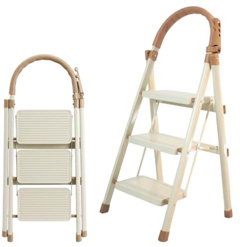 Nikcorp 3 Step Folding Ladder with Handrail, Steel Step Stool, Wide Anti-Slip Pedals 18cm, 150kg Capacity, Compact Lightweight Ladder