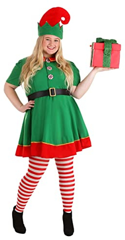 Women's Plus Size Christmas Elf Costume Festive Dress with Hat and Belt for Holiday Parties