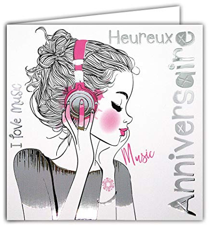 Afie 22071 Carte Heureux ANNIVERSAIRE Jeune Fille I love Music t-shirt Argenté Brillant - Carte carrée 145x145mm avec enveloppe - Fabrication Française