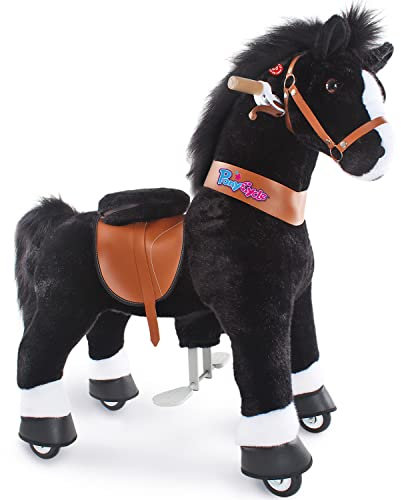 PonyCycle Reitpferd auf Rollen, für Kinder 4–7 Jahre, 76cm Hoch, Spielpferd zum Reiten mit Handbremse und Klang, Reittier auf Rollen, Schwarzes Reitpony mit Rollen, Klassisches Modell U - Ux426
