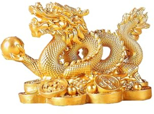 YODOOLTLY Statue de dragon Feng Shui - Dragon chinois sur pièces de monnaie anciennes - Figurine décorative pour attirer la richesse et la chance - Décoration d'intérieur (doré)