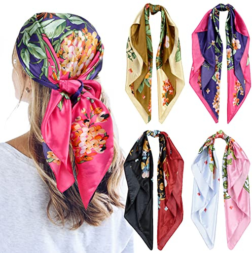 QBSM 4 Pcs 35'' Satin Seidentuch – Großes Quadratisches Kopftuch für Frauen, Seidenschal für Haar, Schlaf & Hals (90x90cm)