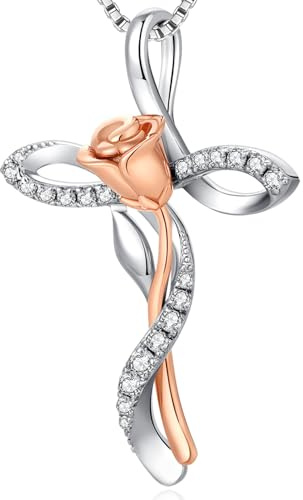 jiamiaoi 18K Weißgold platte Brillant Kreuz Kette Damen mit Funkelnd Bernstein Kreuz Anhänger,Rose Kette