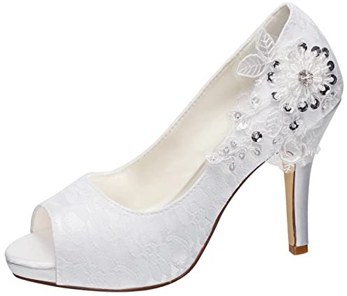 Emily Bridal Scarpe da Sposa con Tacco Alto in Pizzo con Punta Aperta (EU38, Bianco)