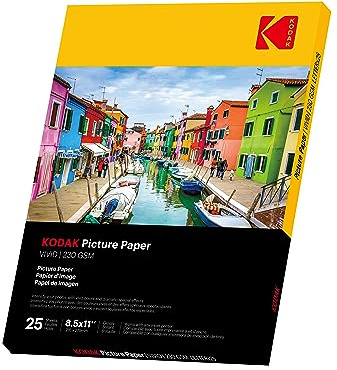 KODAK Photo Paper Gloss 8.5x11, 25 count, 66lb-230g/m2 weight, 11.9 mil thickness, Vivid color picture paper