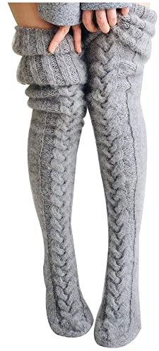Acrawnni Damen Mädchen Winter Zopfstrick Overknee Socken Oberschenkel Hohe Lange Stiefel Socken Strumpf Beinwärmer (A-Grey, One Size)