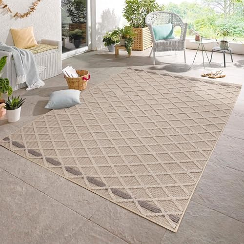 Carpetsale24 Alfombra de Exterior, Color Beige, diseño de Diamantes, 110745, Alfombra Rectangular, Alfombras para terraza-balcón-jardín o Cocina, 200 x 290 cm