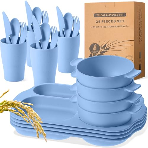 Tanlade 24 Pcs Wheat Straw Dinnerware Cutlery Sets, Divided Plates Unbreakable Bowl Microwave Dishwasher Safe Tableware Cutlery Spoon Knife Fork Cup(Blue)