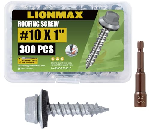 LIONMAX 300-PCS Metal Roofing Screws #10 × 1 Inch, Rustproof Coating Hex Head Sheet Metal to Wood Siding Screw with Rubber Washer, Sharp Point, Hex Socket Included