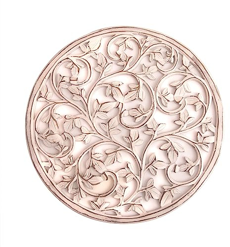 Intricately Handcrafted Decorative Wooden Wall Panel Hanging Sculpture Statue Plaque Art Home Living Room Office Decor Accent Designer Boho Farmhouse Flower Decor, 30 cms, Round, Cream White