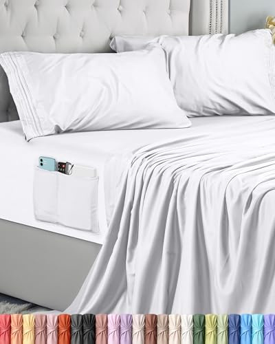 Utopia Bedding Embroidered Bed Sheet Set Super King, White, 4 Piece – Fitted Sheet with Storage Pockets, Flat Sheet and 2 Embroidered Pillowcases, Polyester Microfiber Fabric, Oeko-Tex Certified