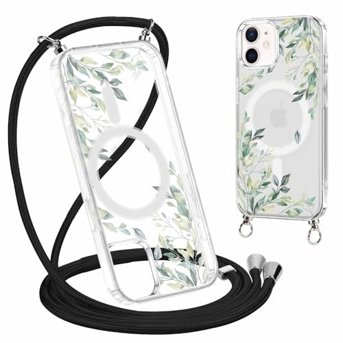 Yoedge Handyhülle Handyband für iPhone 12/iPhone 12 Pro 6,1 Hülle mit Band,Transparent Magnetisch Case Kompatibel mit Magsafe,Silikon Stoßfest zum Umhängen Schutzhülle mit Aesthetic Muster 2-Blumen