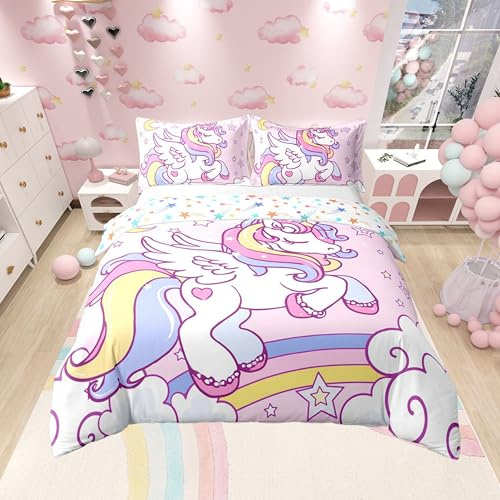 100% Nature Cotton Girly Pink Unicorn Duvet Cover Queen for Teens Youth,Dreamy Cartoon Horse Stars Moon Comforter Cover (Not Comforter),Watercolor Rainbow Pink Print All Season Super Soft Bedding