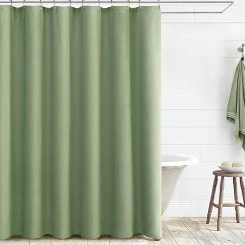 Awellife Duschvorhang aus Leinen, strukturiert, Boho-Stil, Bauernhaus-Stil, für Badezimmer, Stoffeinsatz, 183 x 183 cm, Salbeigrün