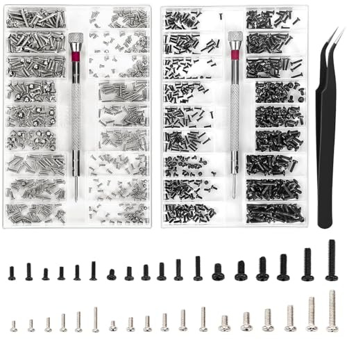 XIATIAN 1000 Kleine Schrauben Set, M1.2 M1.4 M2 Mini Mikroschrauben (L＋N) | 18 Verschiedene Größen, Ersatzschrauben Einfache Lagerung, mit Schraubendreher Pinzette für Brillen, Uhren, Maus, Lapto