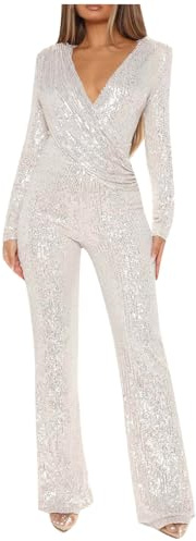 Zeiayuas Sequin Jumpsuit for Women UK Sale Elegant V Neck Long Sleeve Romper Sparkly Glitter Playsuit Ladies Wedding Party Clubbing Rompers Office Evening Trousers Sexy Glitter Bling Clubwear