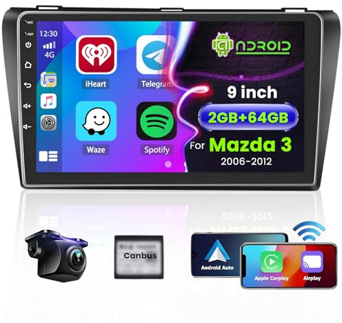Hikity [2G+64G] Radio Coche Inalámbrica Carplay con para Mazda 3 2006-2012 9 Pulgadas Android 15 Radio Pantalla con GPS Bluetooth Android Auto WiFi RDS HI-FI FM SWC Cámara Trasera