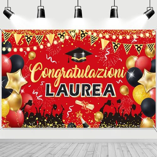 DPKOW 2025 Striscioni Laurea Decorazioni Italiano, Grande Tessuto Rossa 2025 Congratulazioni Laurea Striscione Bandiera, 2025 Laurea Sfondo Decorazioni Festa di Laurea Gadeget 2025, 180 * 110 cm