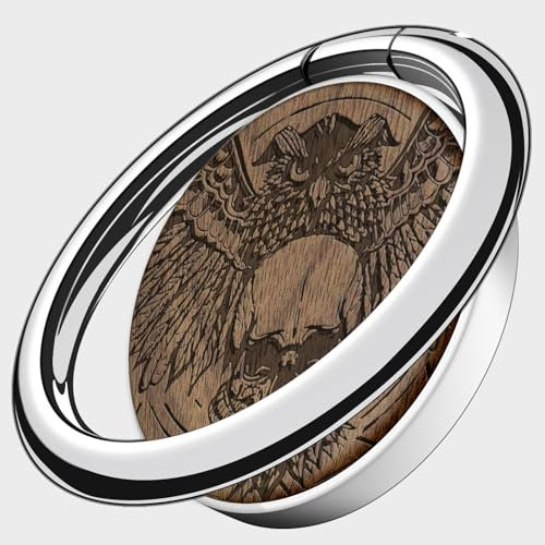 Carveit Wooden Phone Ring Holder Finger Stand Metal Grip Hook Phone Kickstand Compatible With Galaxy S24 Ultra S23 iPhone 15 Pro Max 12 13 14 Pixel 8-Walnut/Silver/Owl and Skull [1 Pack]