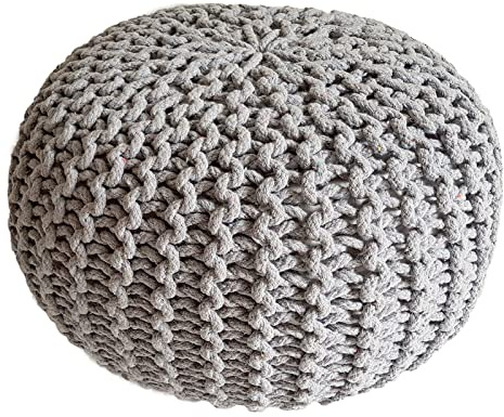 Abato Premium Sitzhocker Strick-Hocker Pouf extra stabil 45x45x30cm 100% Baumwolle, vom Designer entwickelt und kontrolliert, echte Handarbeit (hellgrau)
