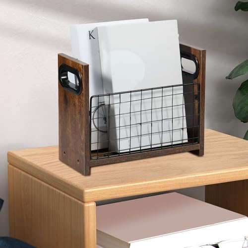 Foppla Zeitschriftensammler aus Metall und Holz, praktischer Post-Organizer, platzsparender Aufbewahrungskorb für Zuhause, Büro, Schlafzimmer, Wohnzimmer