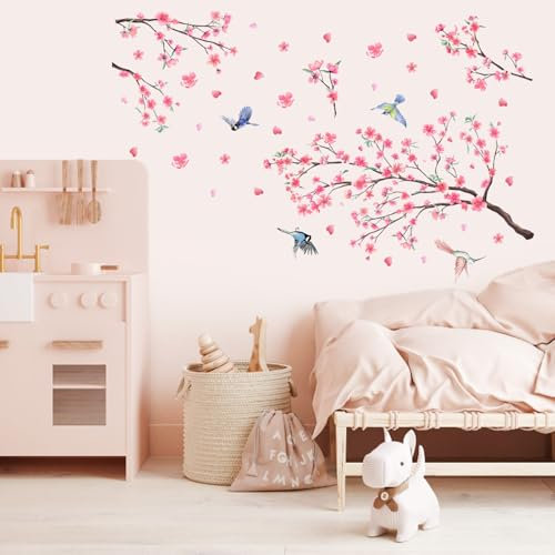 EUIEUT Cherry Blossom Tree Wall Sticker, Floral Birds Wall Art Decals Pink Flower Peel and Stick Flower Wall Stickers for Bedroom Living Room Sofa TV Background Home Wall Decor