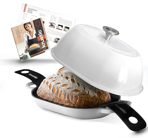 Krustisk emaljerad gjutjärn holländsk ugn för professionell surdegsbröd bakning | 5,5 quart limpa storlek oval köksredskap kastrull med lock | trippelskikts emaljbeläggning panna med non-stick