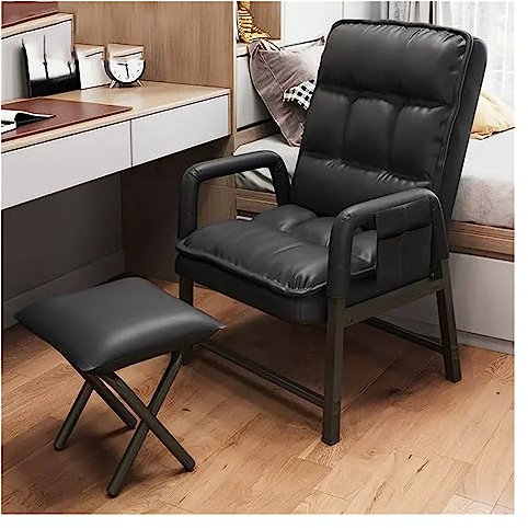 Moderner Leder-Akzentstuhl mit verstellbarer Rückenlehne & Ottomane, ergonomischer Loungesessel mit hoher Rückenlehne und Einzelliegesofa, bequemer Sessel mit dicker Polsterung (Nero mit Ottomane)