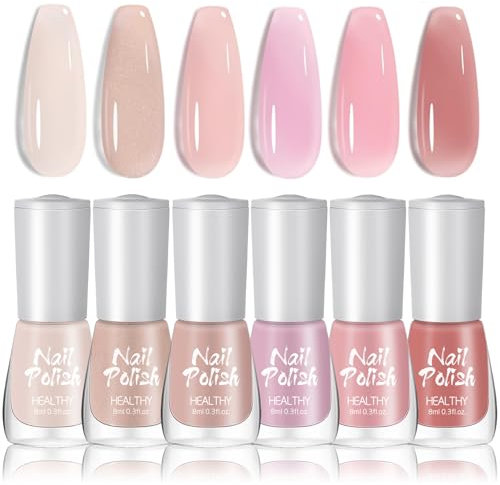 DMQ Jelly Nail Polish Sets, 6 Colors Sheer Milky White Nude Pink Nail Varnish Kit, Quick Dry Translucent French Manicure Nail Lacquer Gel for Women Nail Art DIY Manicure Home - No Need UV/LED Lamp