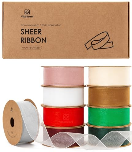 Vitalizart Organzaband Xmas 9 Farben 2,5cm x 82,3m für Basteln | 9 Rollen x 9,1 m, Breite Tüllbänder aus Stoff für Geschenkverpackung, Weihnachtsbaum, Dekoration, Hochzeitseinladungen