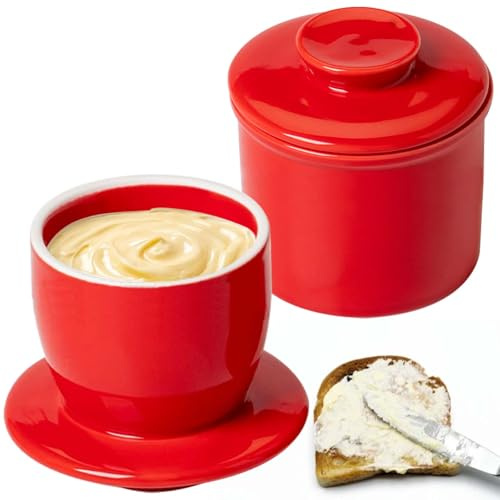 Burroiera francese, Burroiera in ceramica con coperchio rotondo, Burroiera raffreddata ad acqua con linea d'acqua, Campana per burro, Campana per burro in ceramica per burro da spalmare Rosso