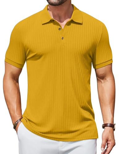 COOFANDY Polo de manga corta para hombre, polo de punto con botones, polo de verano, camiseta acanalada, camisas de golf, Cúrcuma, XL